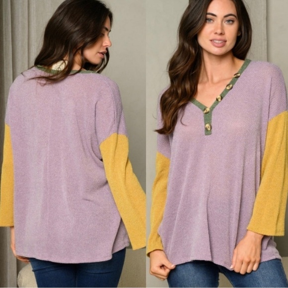 Lavender Green Mustard Color Block V-Neck Top Decorative Buttons - Picture 1 of 5